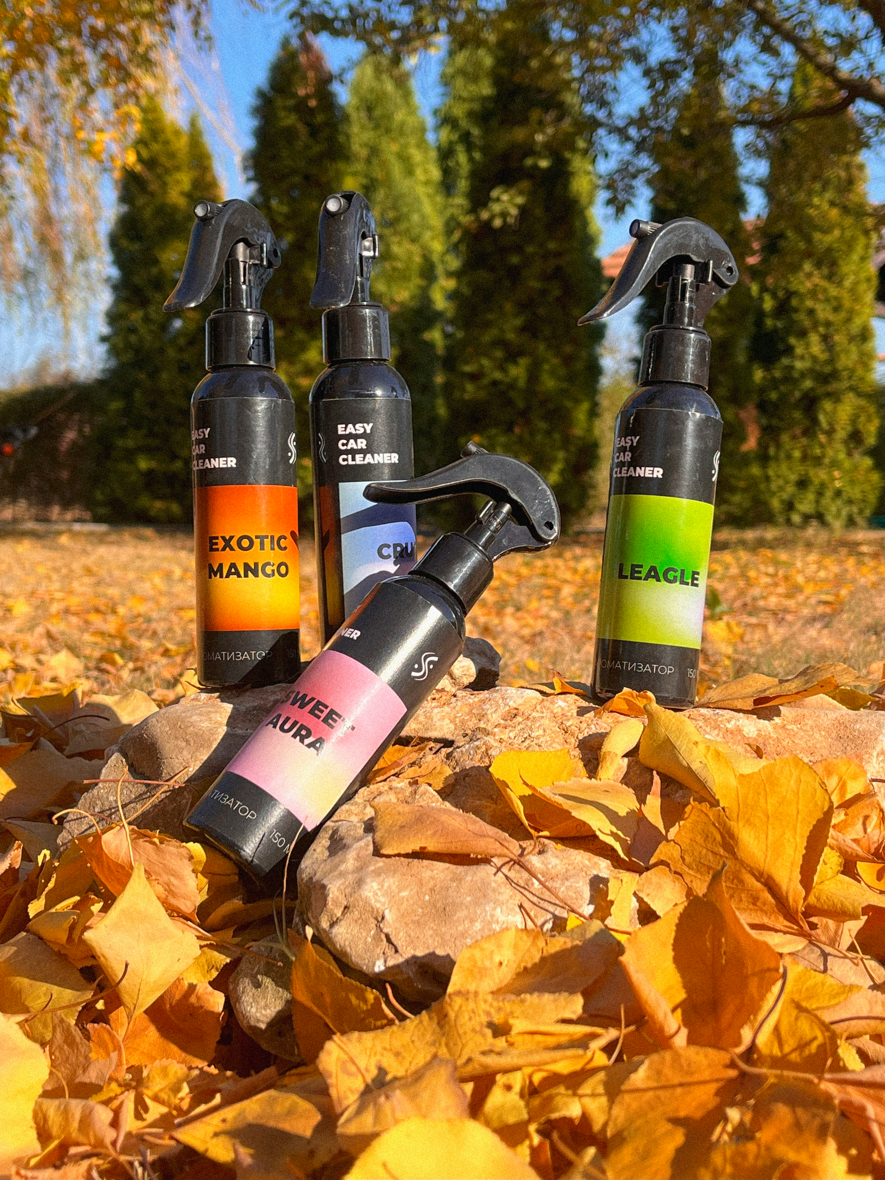 Sweet Aura, Crush and Black Code fragrances on dark reflective surface