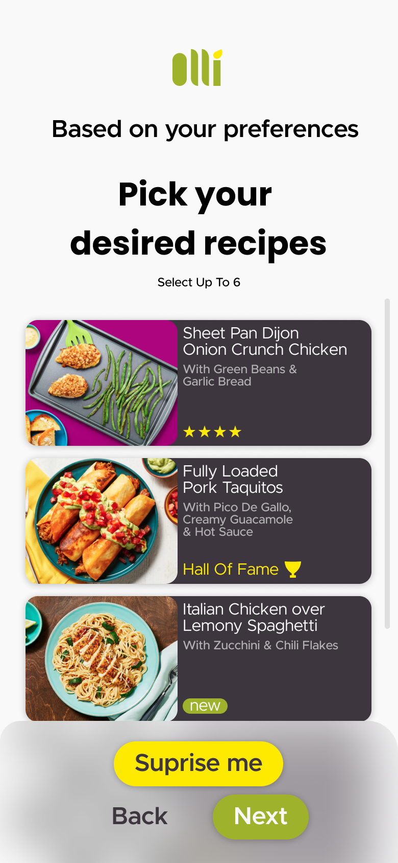 Olli recipe screen